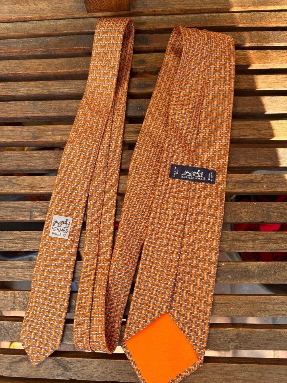 Hermes H Pattern Silk Necktie Orange Gray